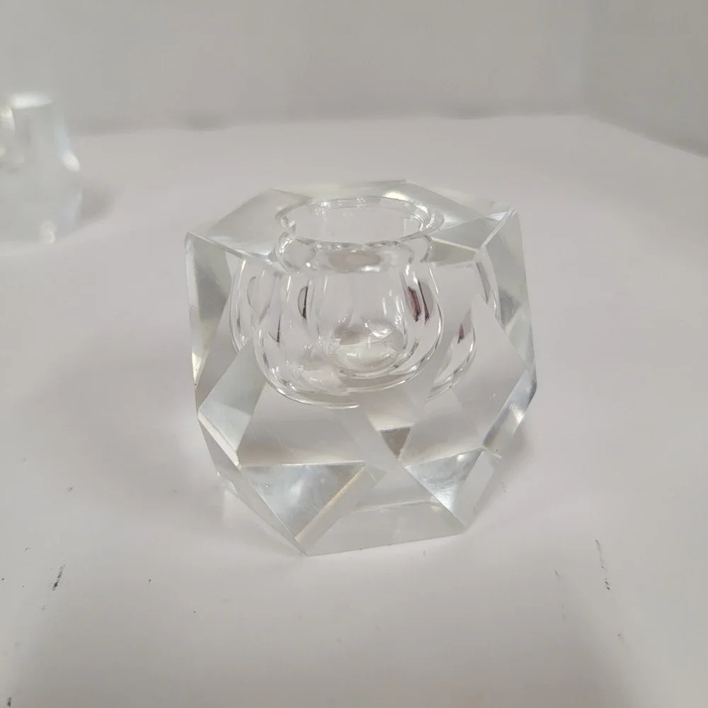 Glass Taper Candle Holders Geometric Faceted Prism Heavy Clear